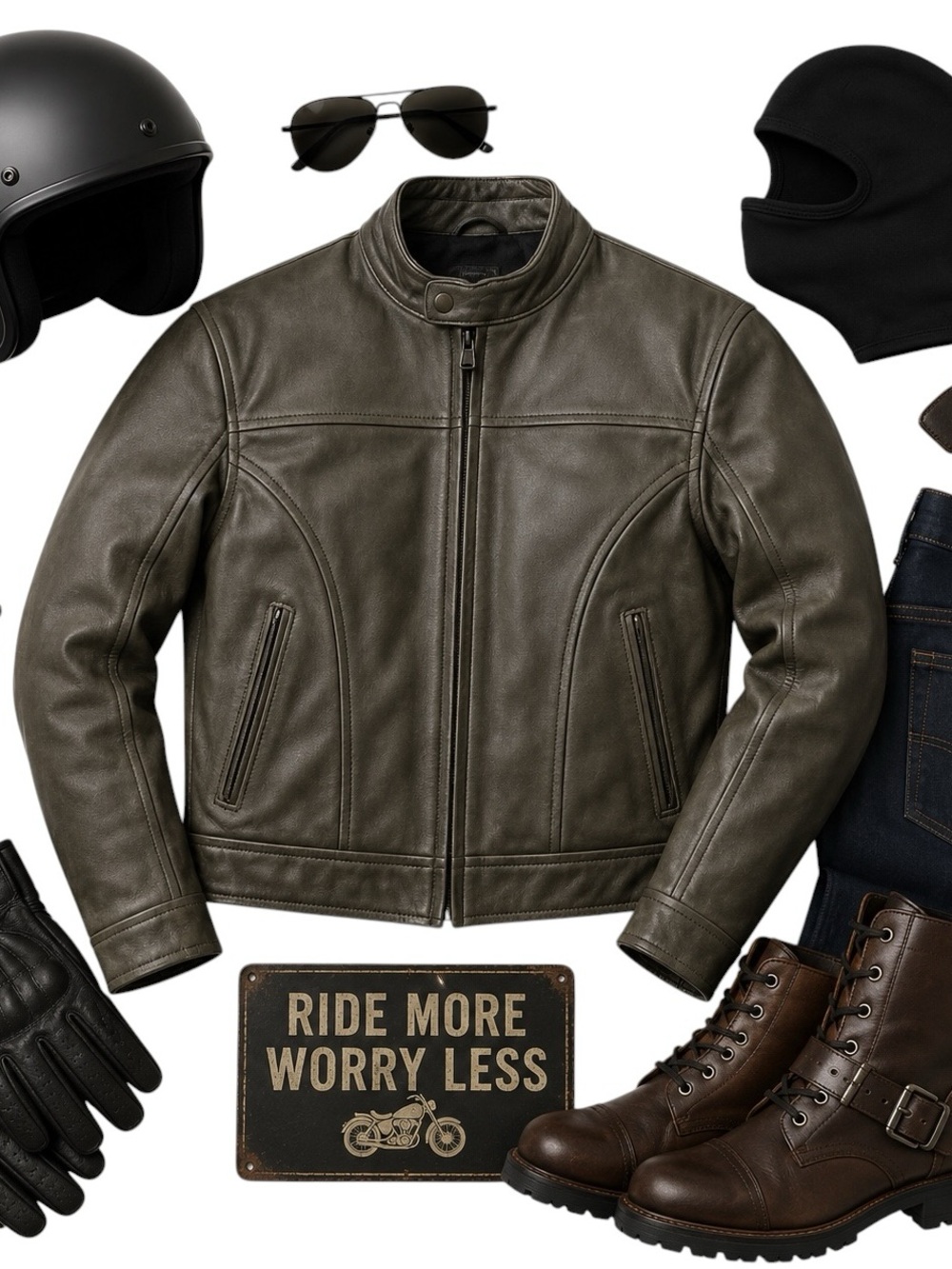 FirstGear Hein Gericke Vintage Leather Moto Jacket Men XL Cafe Racer Green/Gray